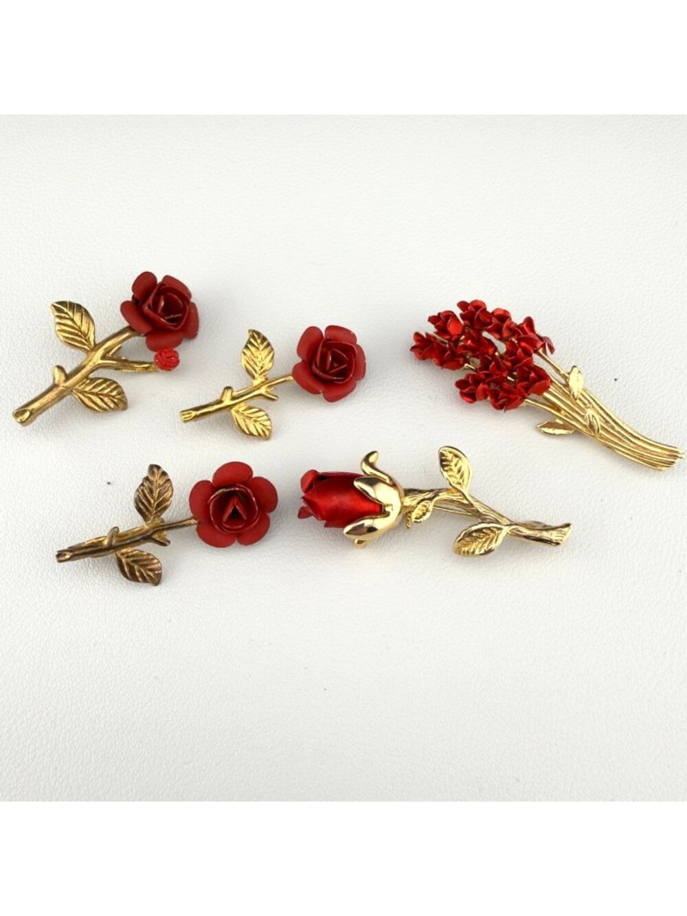 Vintage Red Rose Brooch Lot Gold Tone Flower Pins